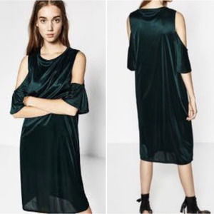 Zara Trafaluc Silky Cold Shoulder Midi Shift Dress Forest Green S Small